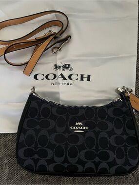 COACH Black and blue Signature Canvas Small Shoulder Bag with Tan Strap